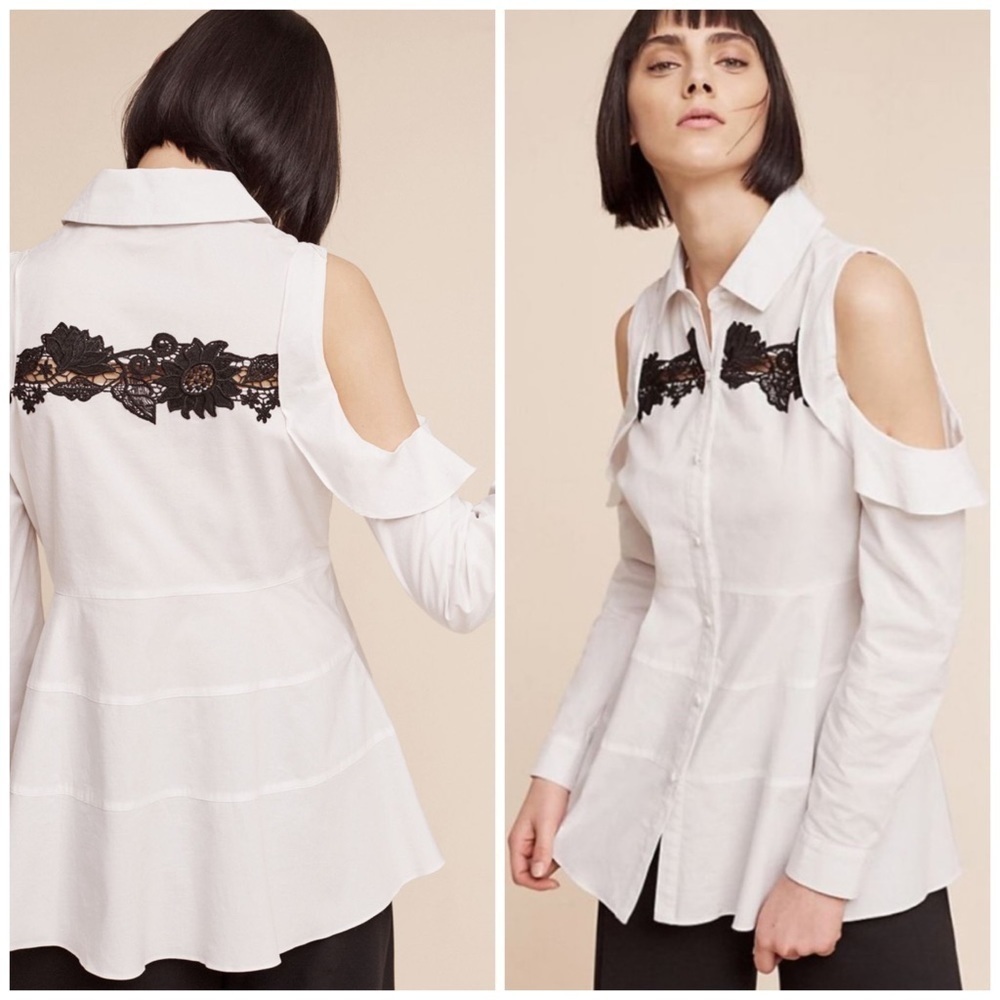 Anthropologie Isla Maude Alixandra Open Shoulder Poplin Tunic White Embroidered
